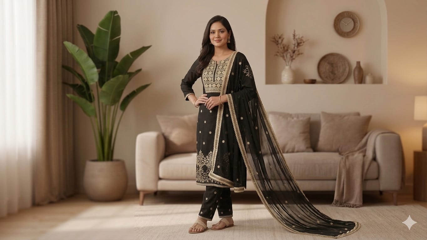 BLACK WITH IVORY THREAD KURTI SET