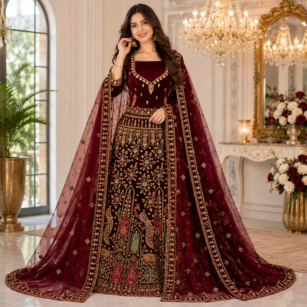 MAROON VELVET LEHENGA WITH HEAVY GOLD+ MULTICOLOR ZARDOZI WORK