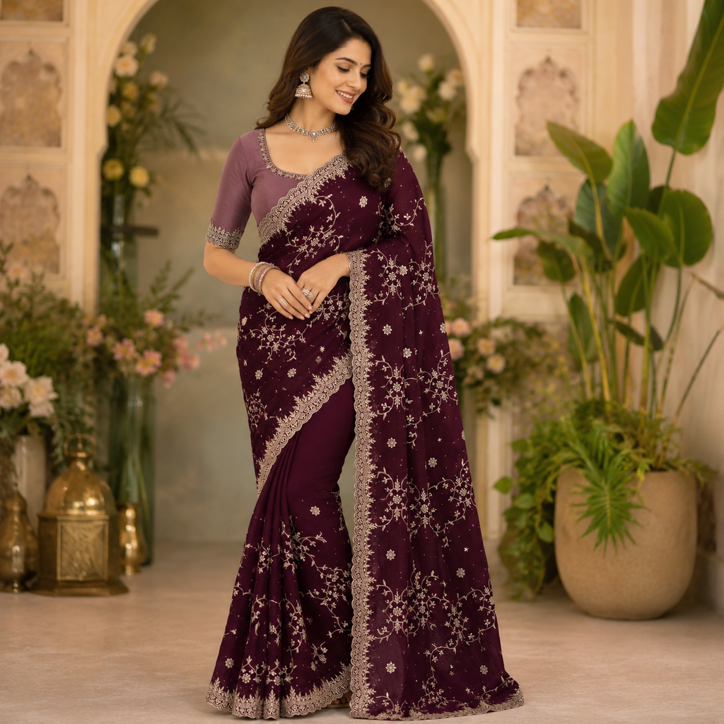 PLUM GEORGETTE SAREE WITH SILVER ZARI