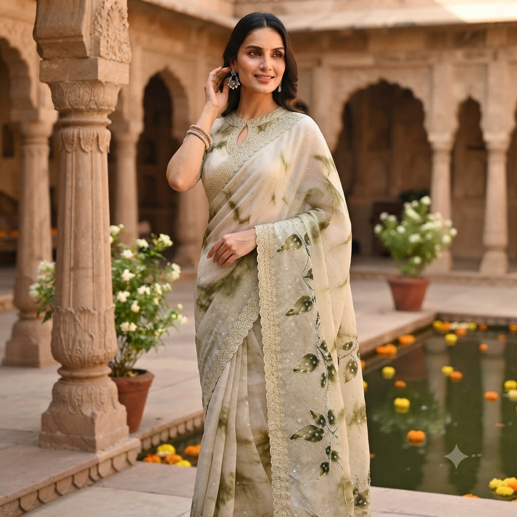SAGE GREEN IVORY TIE-DYE SAREE