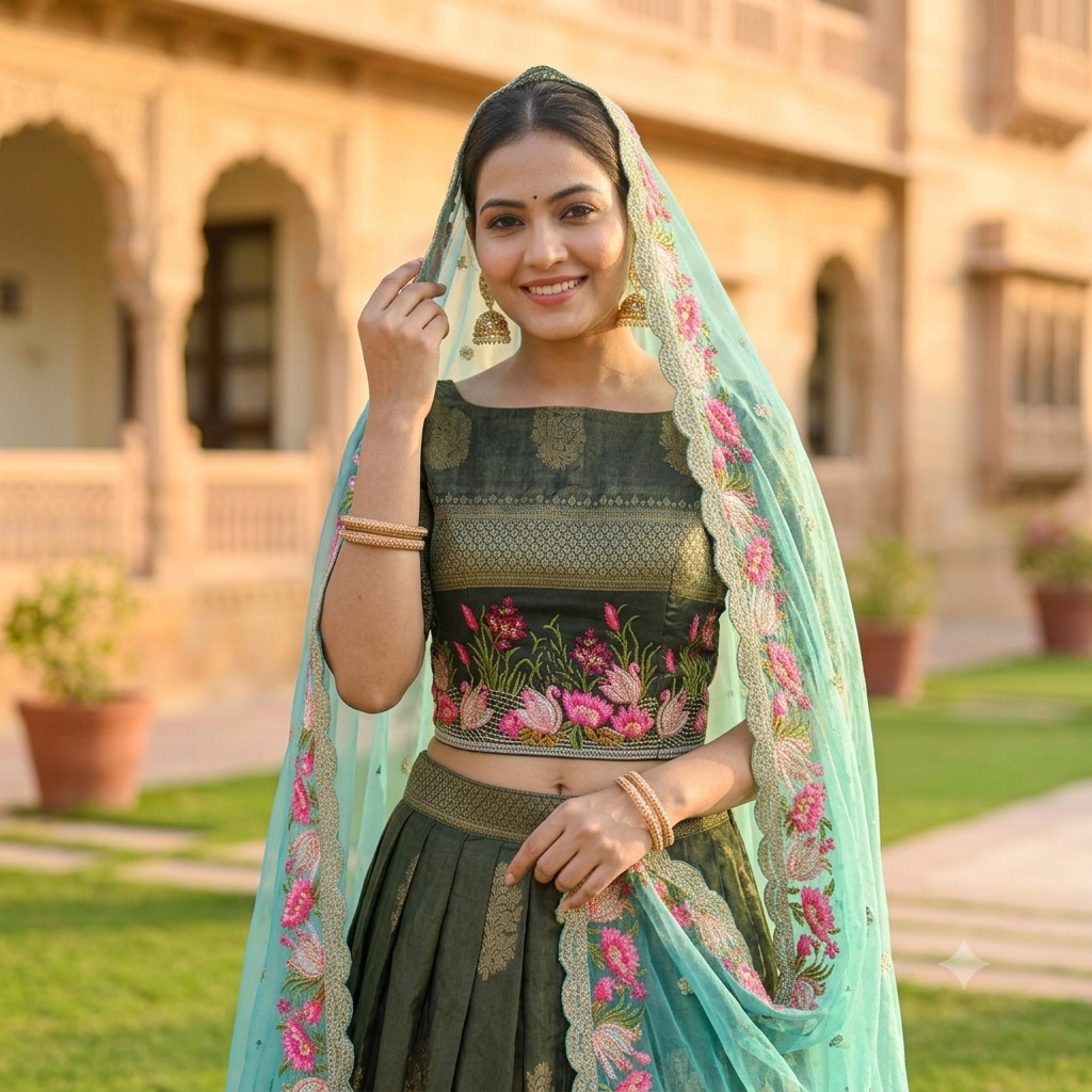OLIVE GREEN LEHENGA WITH THOSE BRIGHT PINK + LOTUS FLORAL BORDER