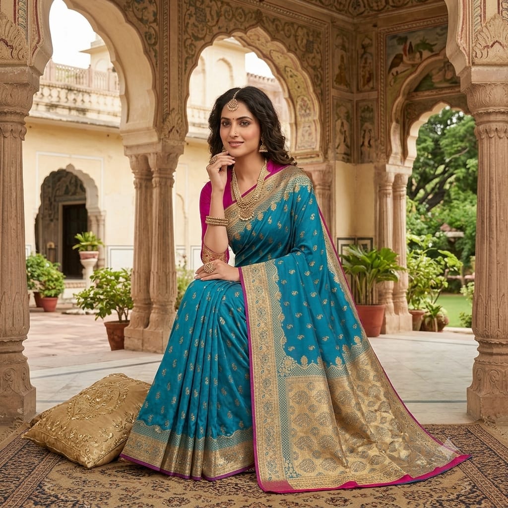 PEACOCK BLUE BANARASI SILK SAREE WITH CONTRAST MEGENTA
