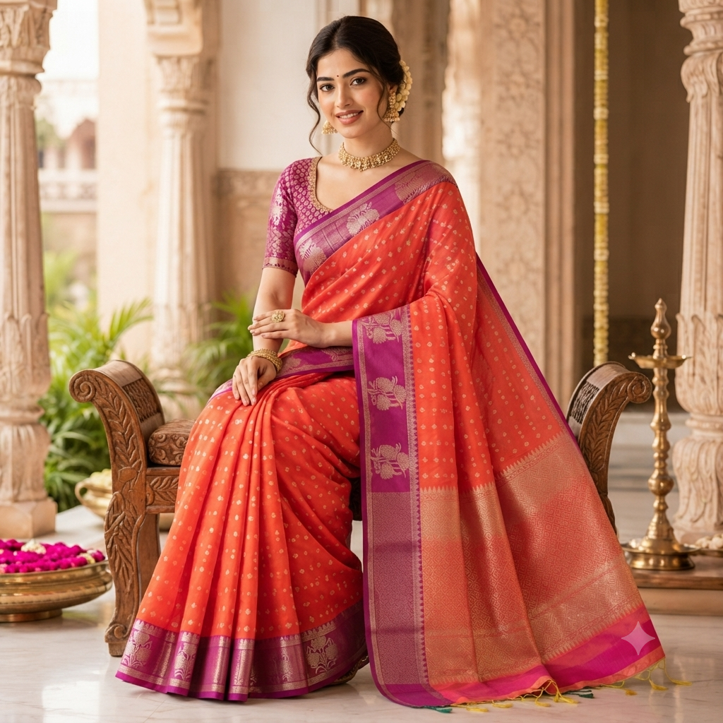 TANGERINE ORANGE KANCHIPURAM SILK SAREE WITH MAGENTA CONTRAST BORDER