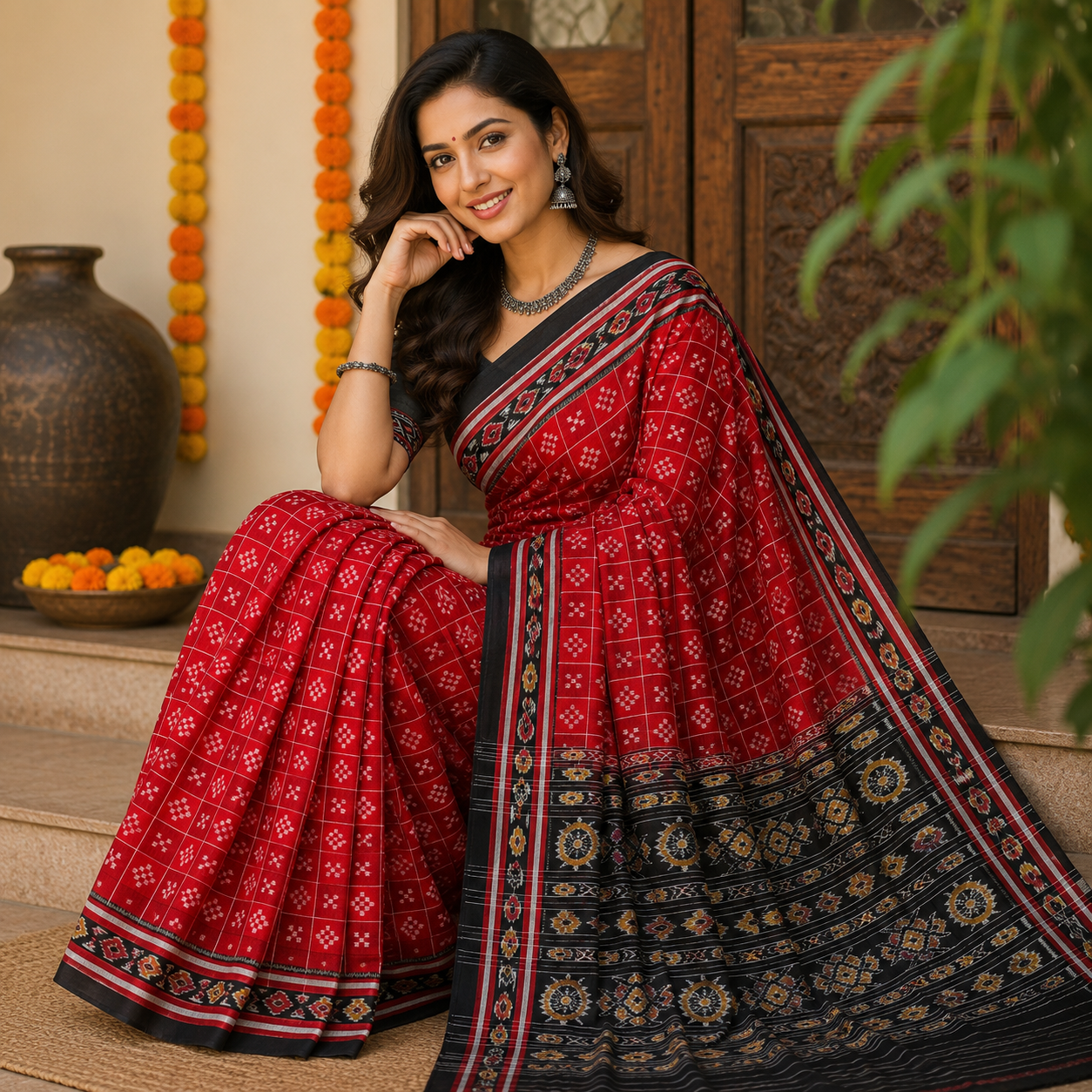 BRIGHT RED SAMBALPURI HANDLOOM COTTON SAREE