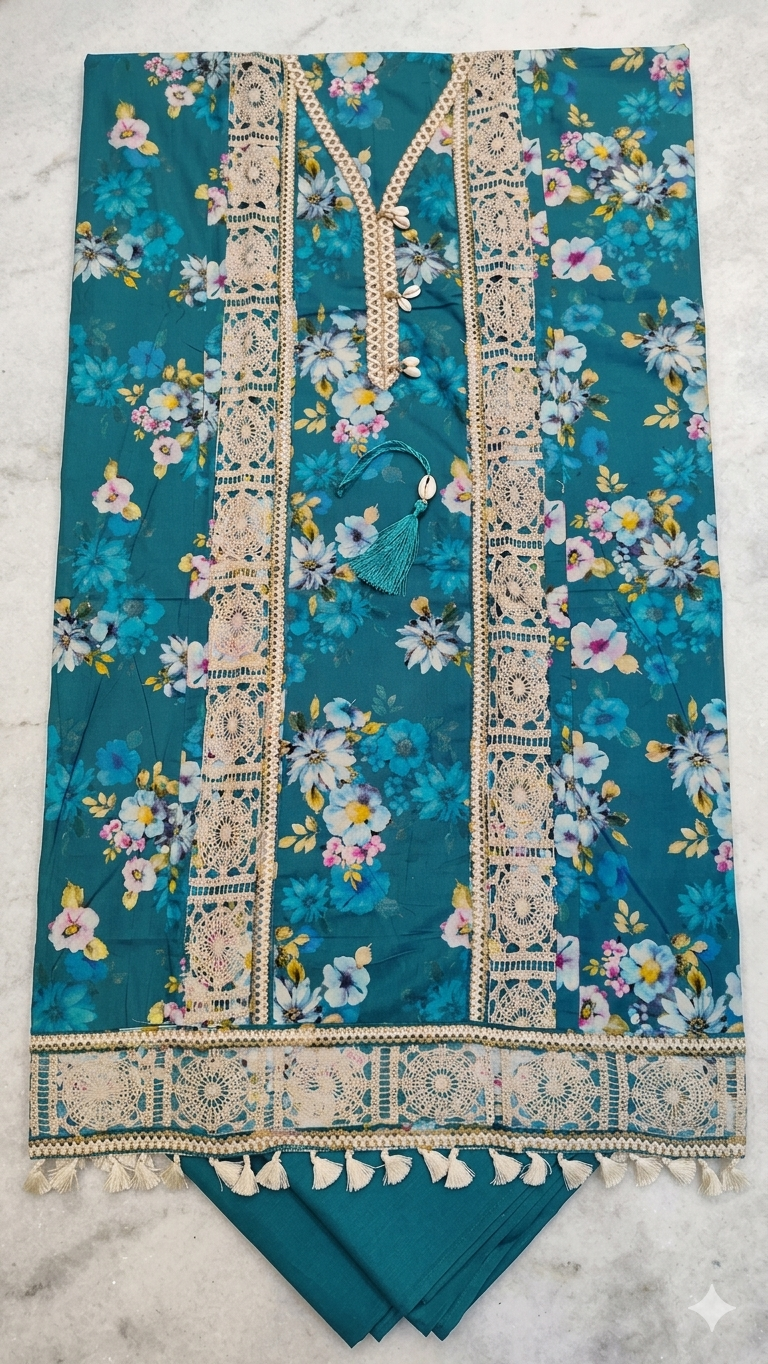 TEAL BLUE WITH CREAM DUPATTA EMBROIDERED DRESS MATERIAL