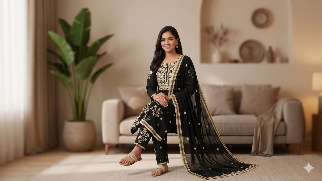 BLACK WITH IVORY THREAD KURTI SET