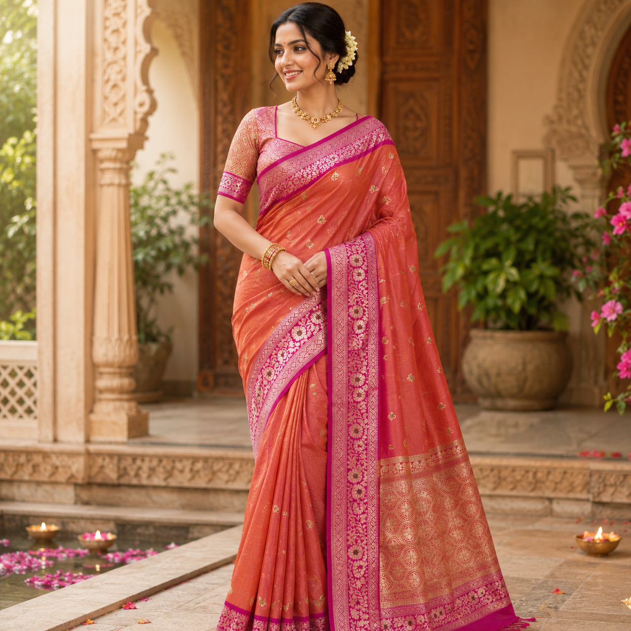 PEACH - CORAL BANARASI SILK SAREE WITH MAGENTA ZARI BORDER