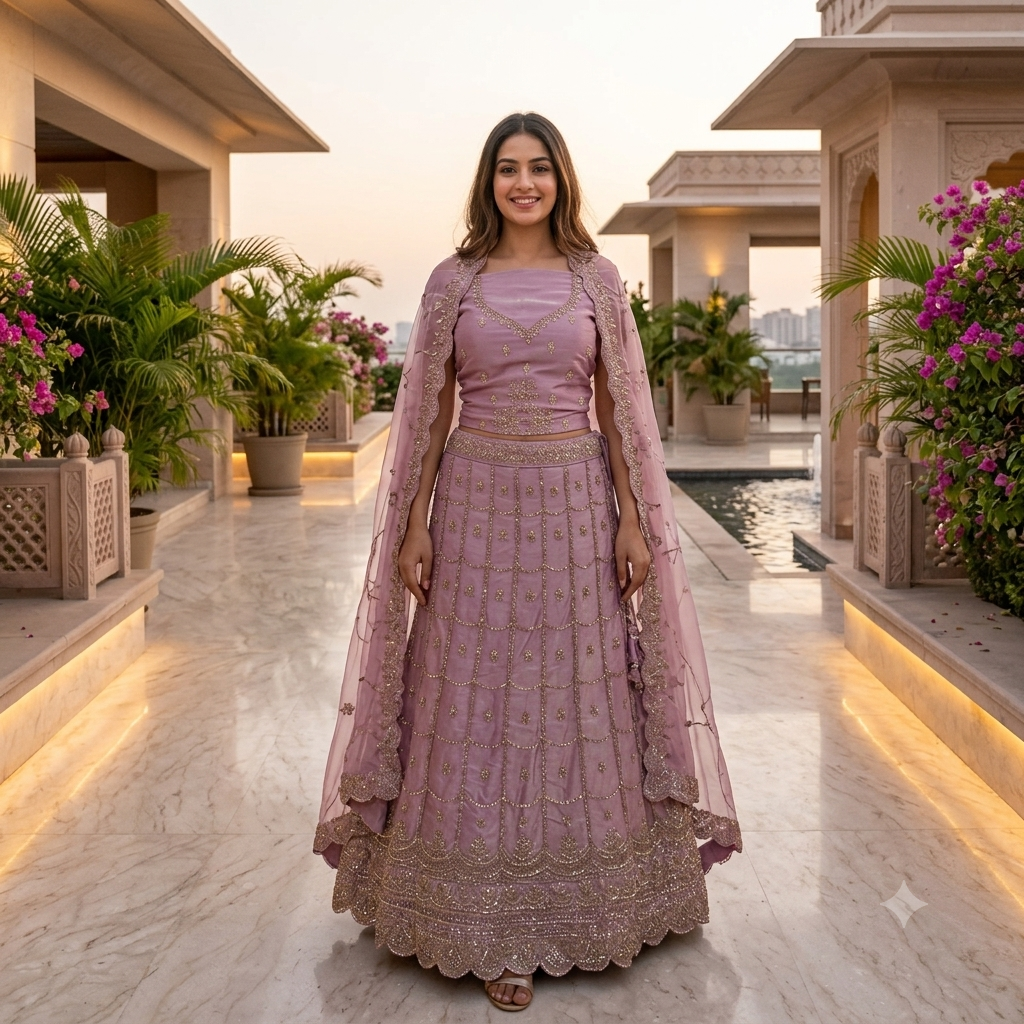 LAVENDER LEHENGA WITH GOLD SCALLOP EMBROIDERY