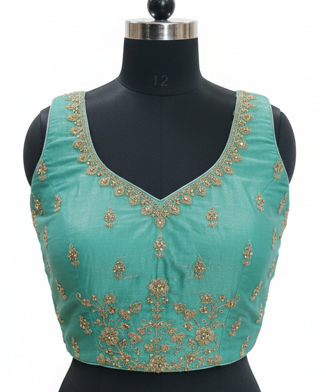 SEAFOAM GREEN LEHENGA WITH GOLD ZARI+ SCALLOPED BORDER