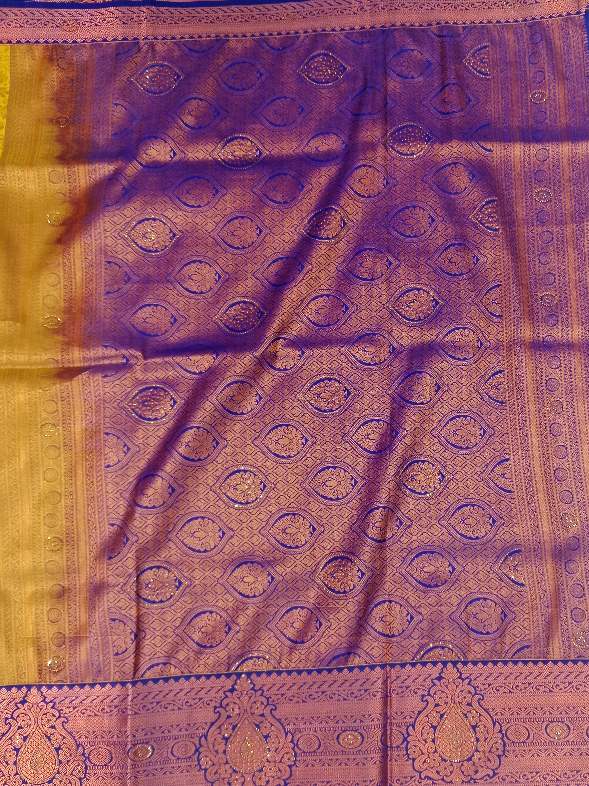 MANGO YELLOW ROYAL PURPLE KANCHIPURAM SILK SAREE