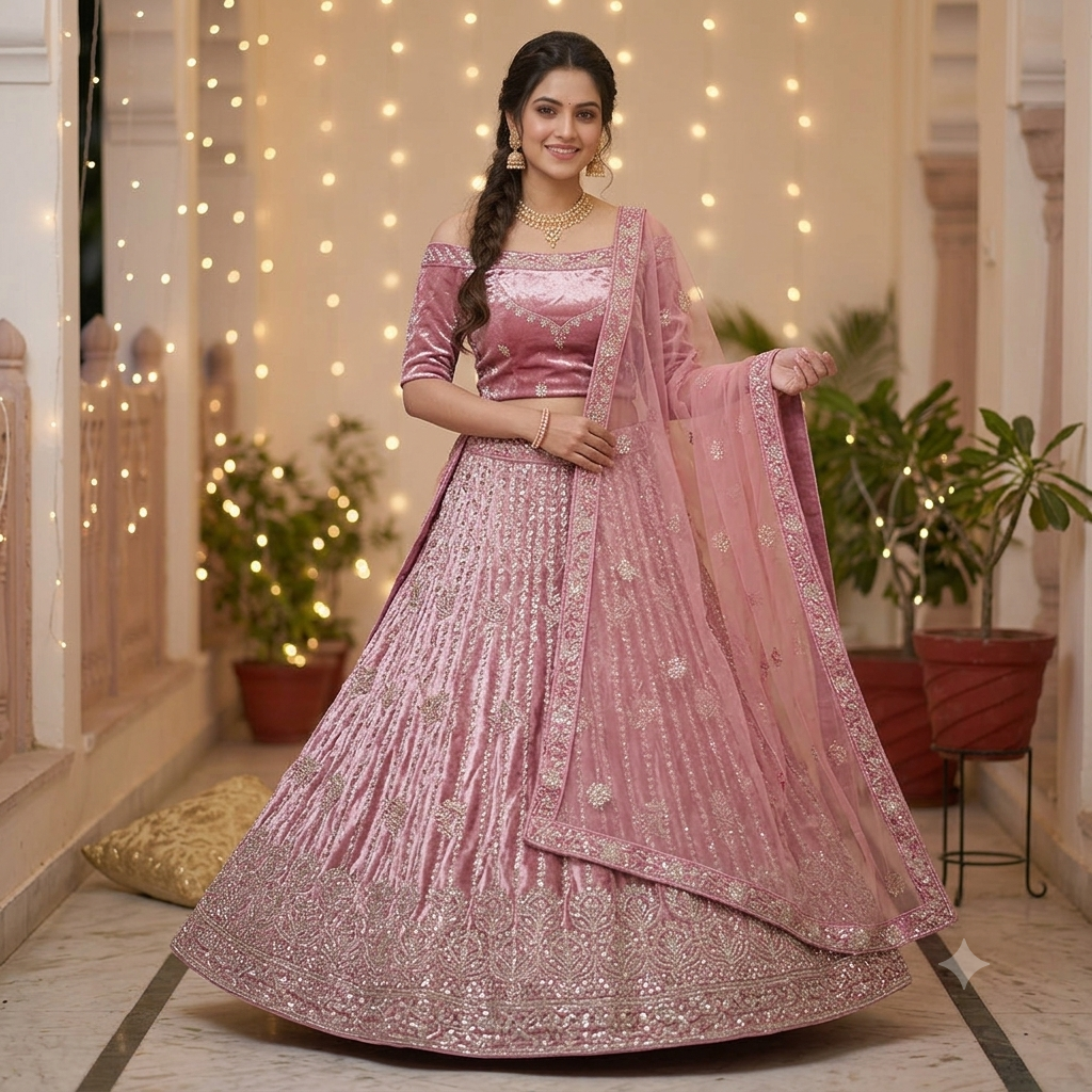 DUSTY PINK VELVET LEHENGA WITH SILVER SEQUIN WORK