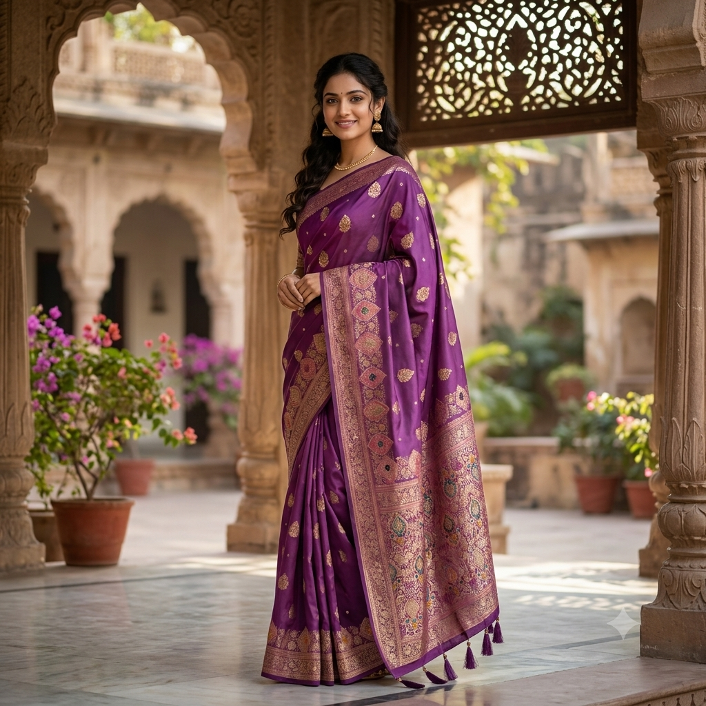 DEEP JAMUNI PURPLE BANARASI SILK SAREE WITH GOLD BUTTAS