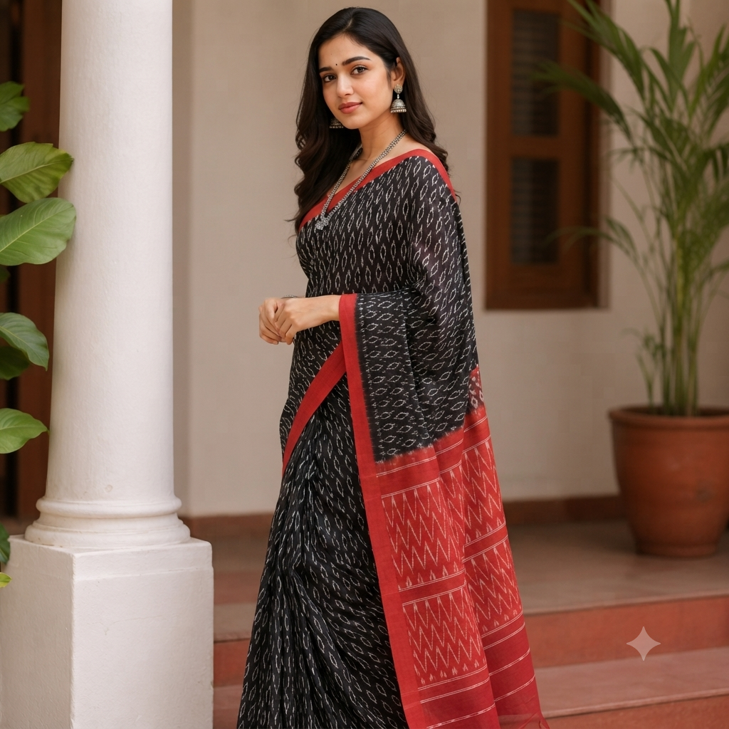 BLACK POCHAMPALLY IKAT COTTON SAMBALPURI HANDLOOM COTTON SAREE