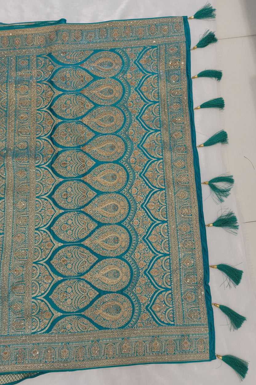 AQUA TURQUOISE BANARASI SILK SAREE WITH FULL GOLD ZARI