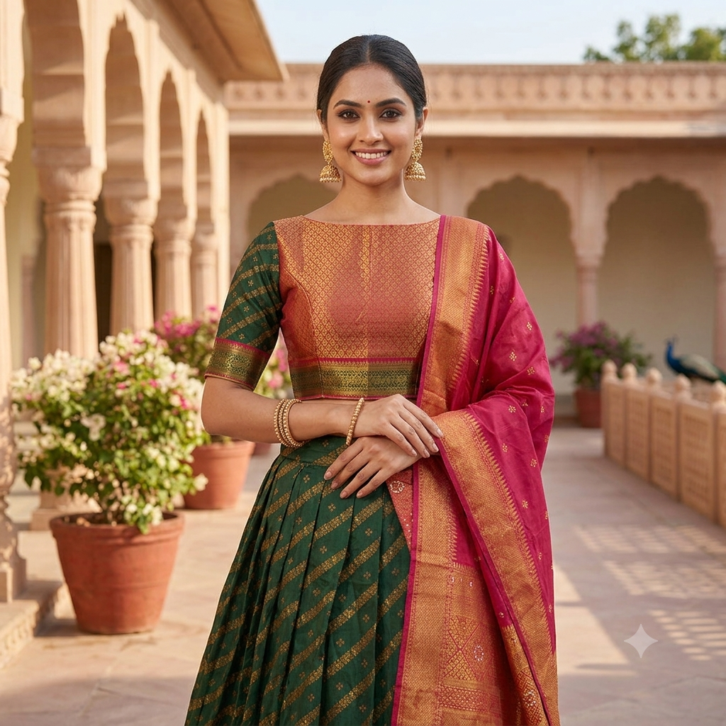 BOTTLE GREEN LEHENGA WITH GOLD ZARI  STRIPES WITH RED-ORANGE KANJIVARAM BORDER