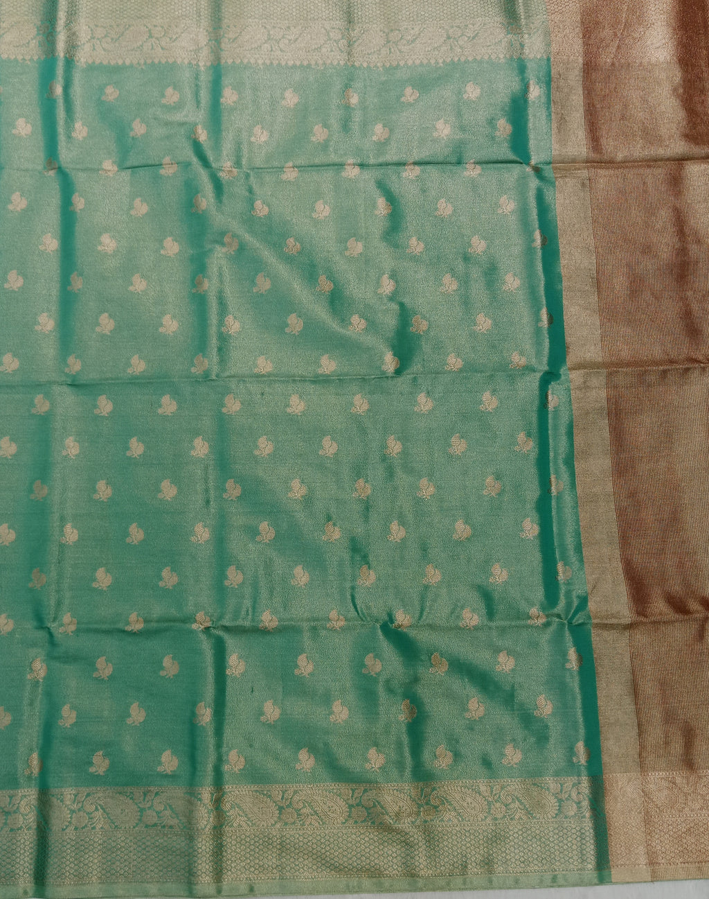 SEA GREEN BANARASI CHANDERI SILK SAREE WITH GOLD ZARI BORDER