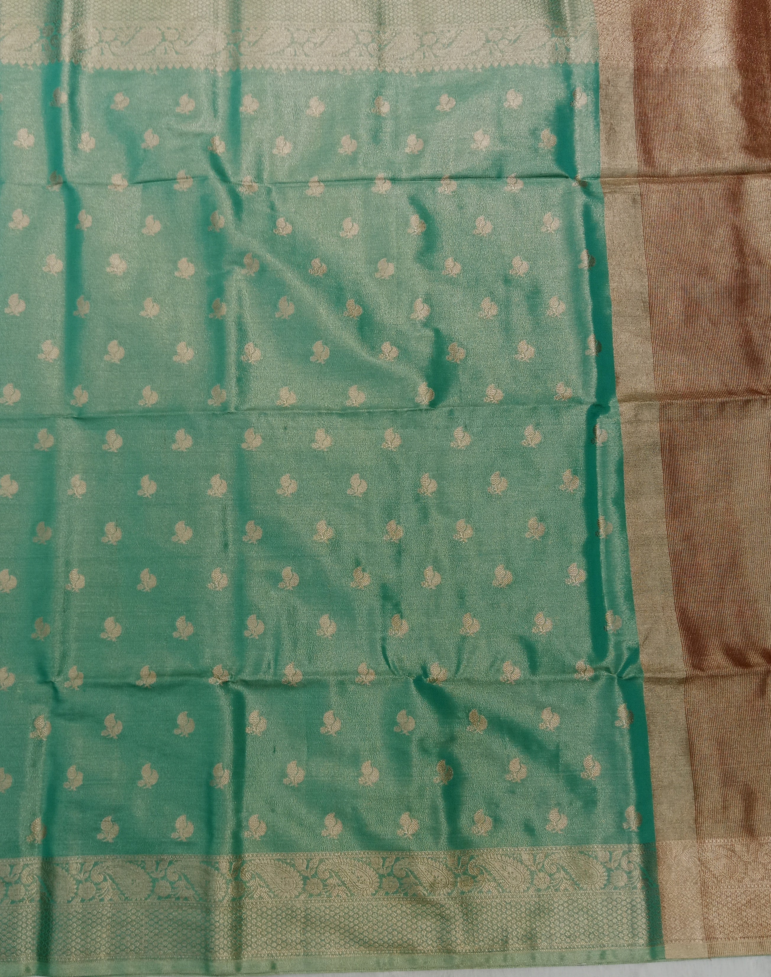 SEA GREEN BANARASI CHANDERI SILK SAREE WITH GOLD ZARI BORDER