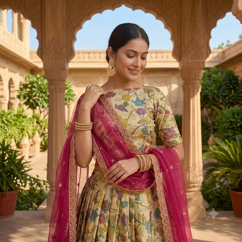 CREAM BASE LEHENGA WITH MULTICOLOUR FLORAL JAAL+ THAT BROAD RED- ORANGE ZARI BORDER