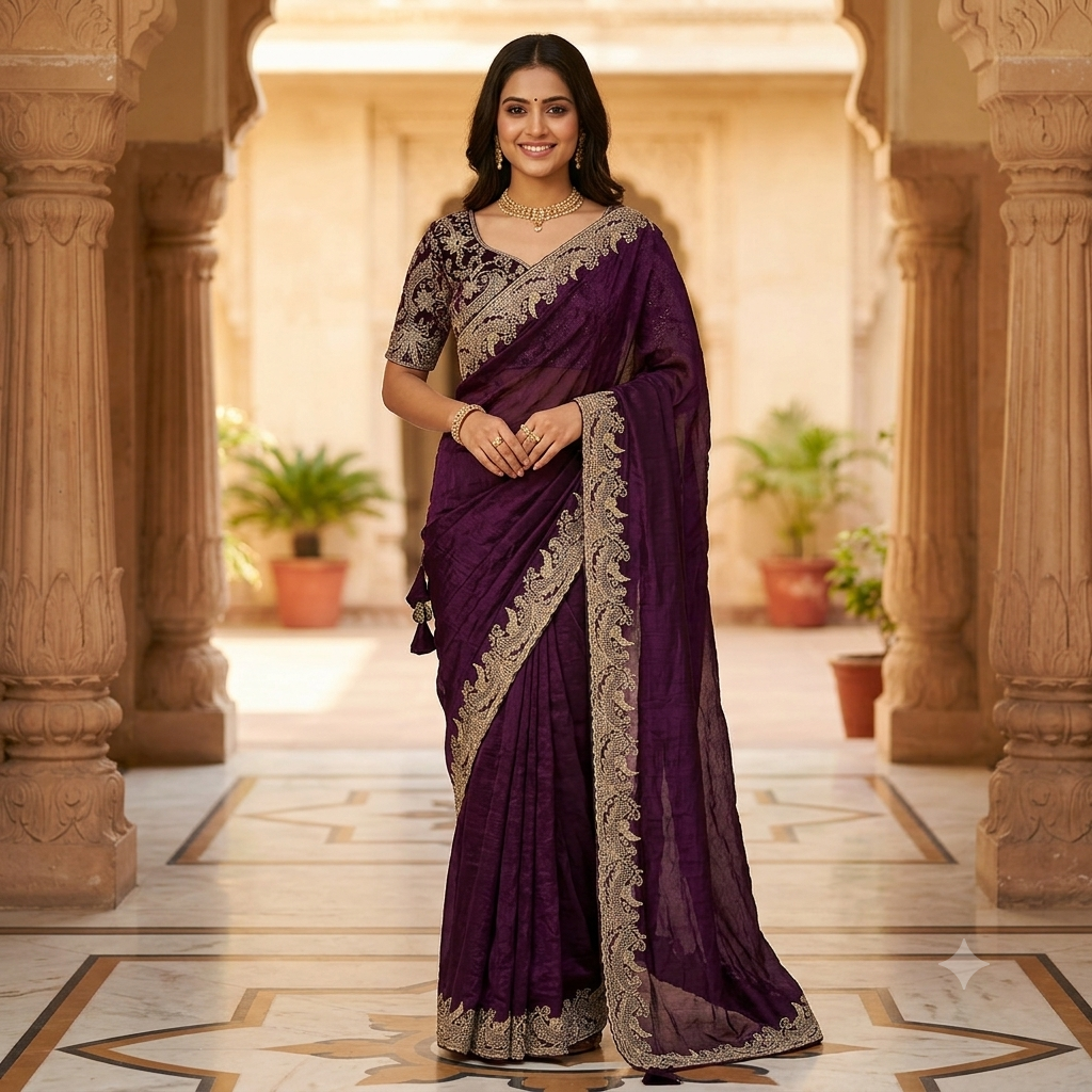 DEEP AUBERGINE PURPLE SAREE WITH HEAVY GOLD PAISLEY BORDER