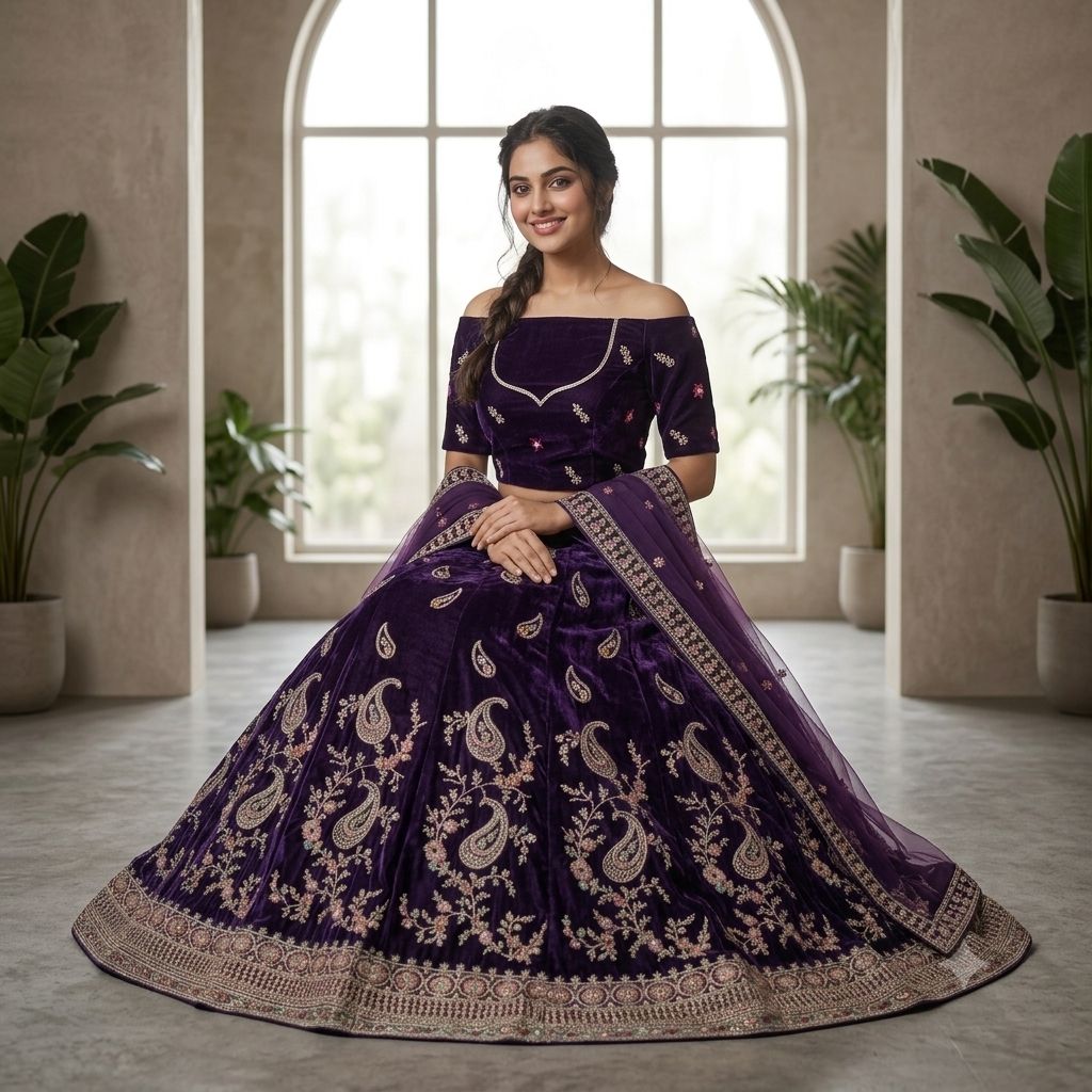 DEEP PURPLE VELVET LEHENGA WITH GOLD PAISLEY+ FLORAL EMBROIDERY