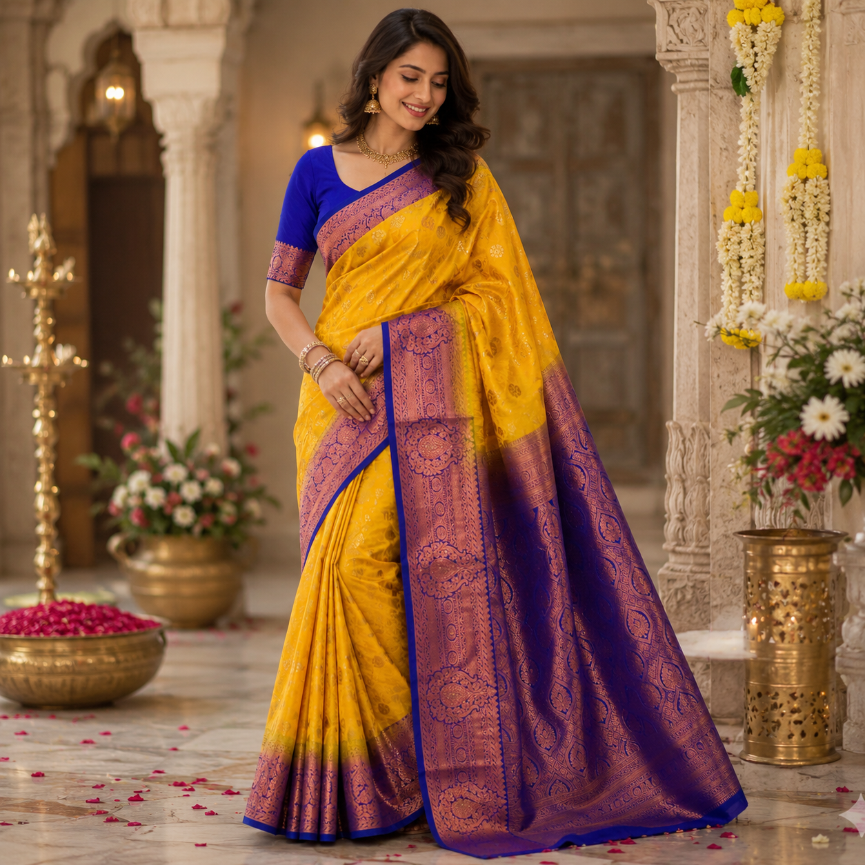 MANGO YELLOW ROYAL PURPLE KANCHIPURAM SILK SAREE