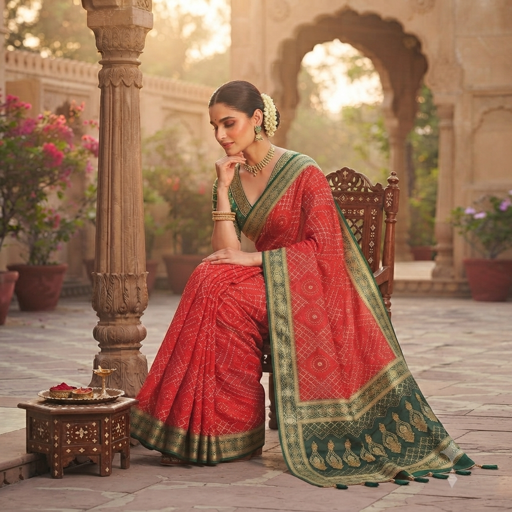 TOMATO  RED BANDHANI PRINT BANARASI SILK SAREE