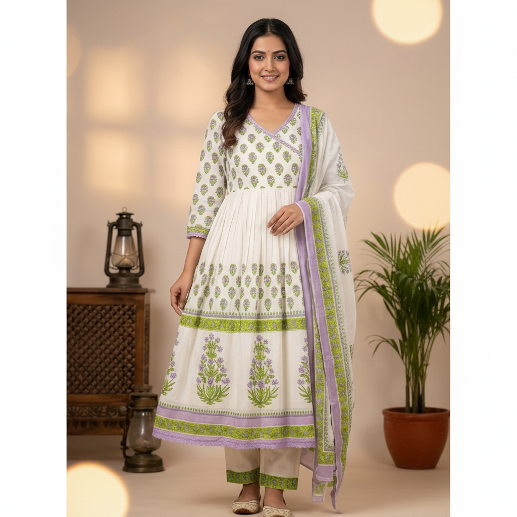 WHITE PASTEL GREEN PURE MAL COTTON KURTI SET