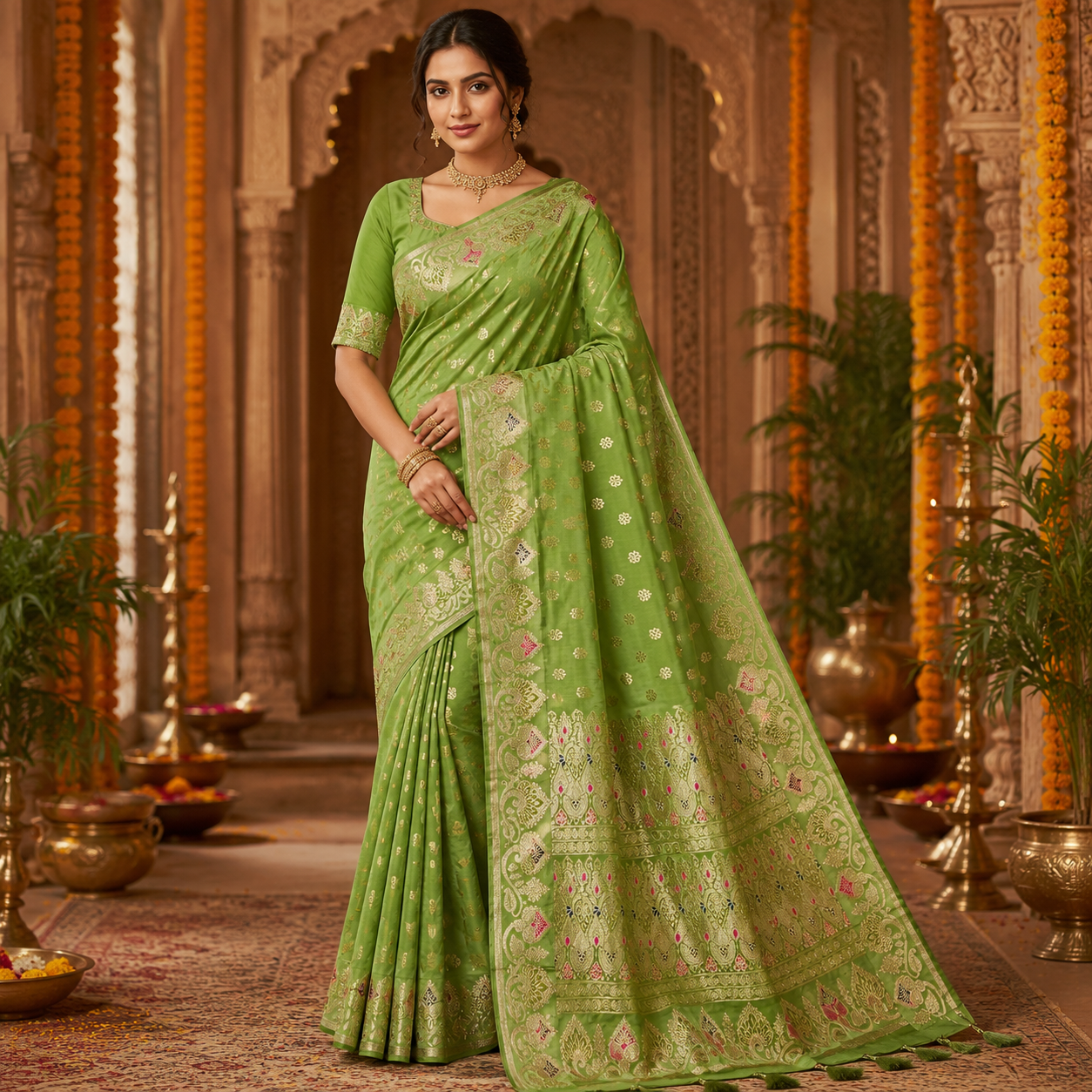 PARROT GREEN BANARASI SILK SAREE