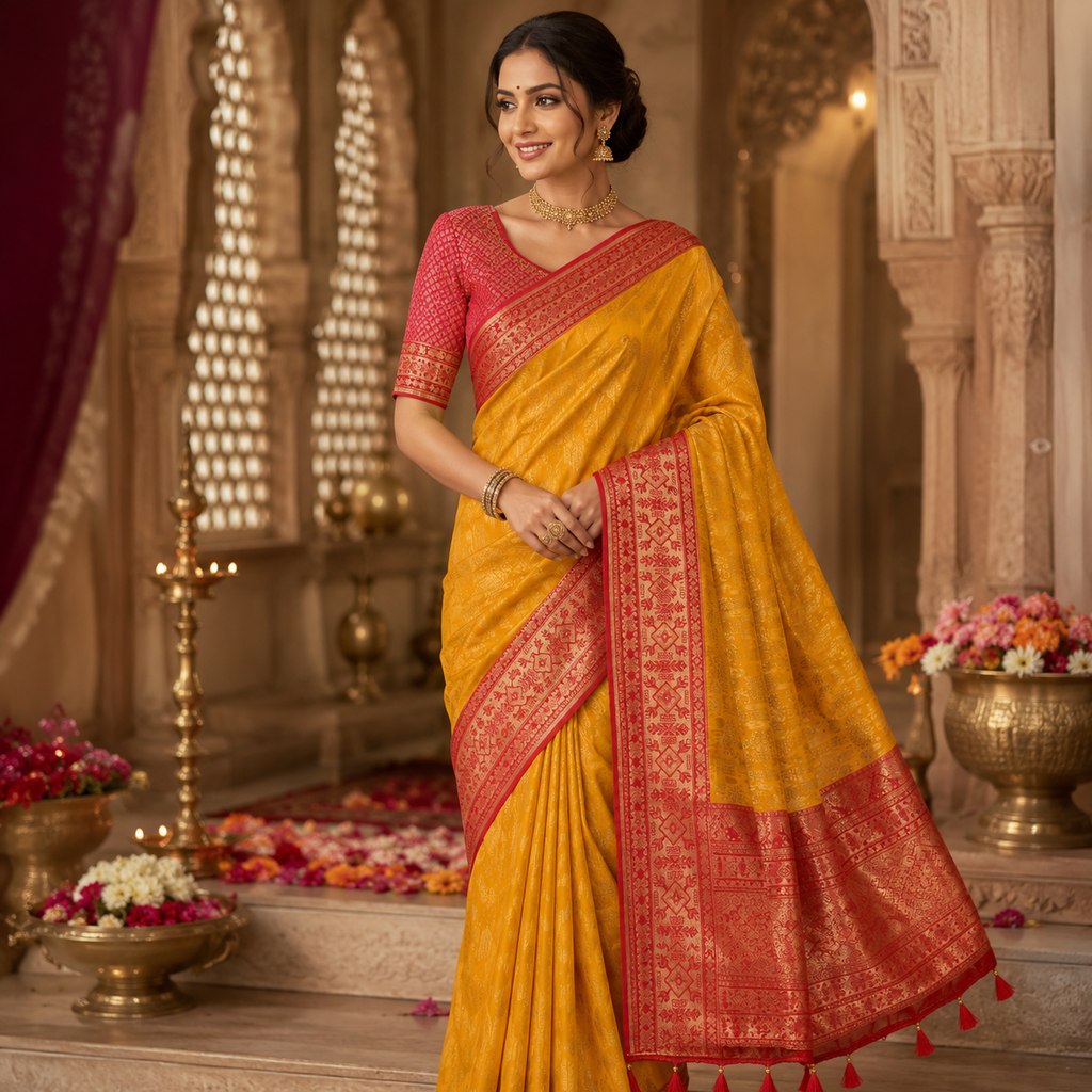 MUSTARD YELLOW SINDOORI RED BANARASI SILK SAREE