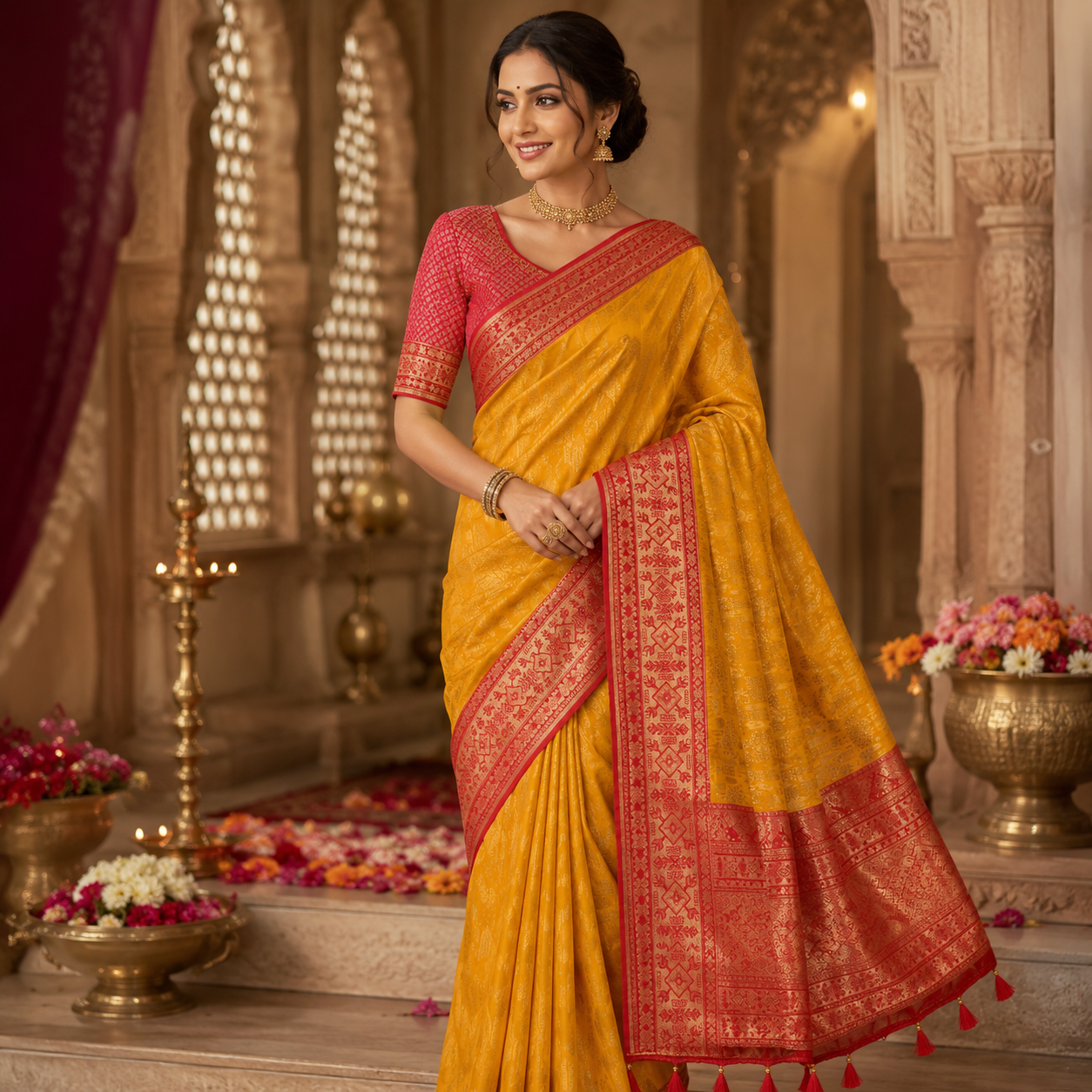 MUSTARD YELLOW SINDOORI RED BANARASI SILK SAREE