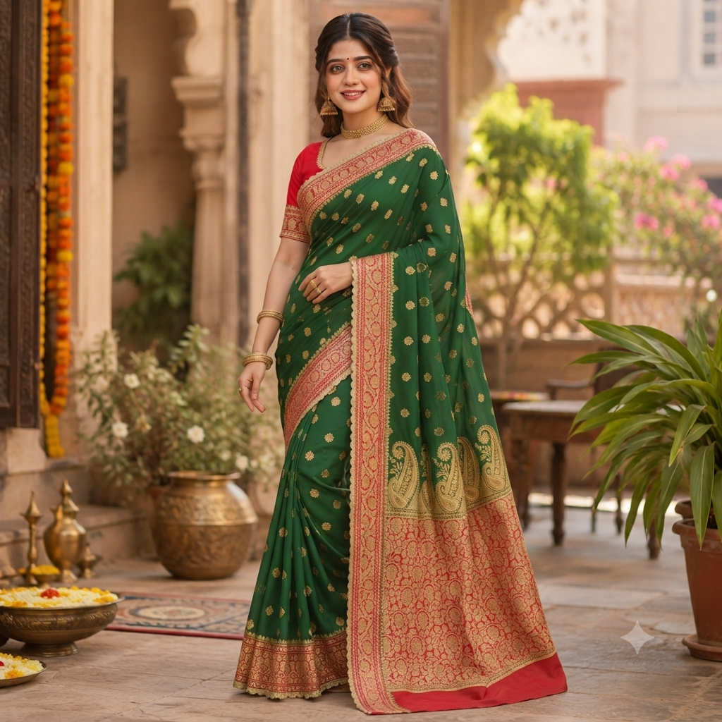 BOTTLE GREEN LAAL BANARASI SILK SAREE