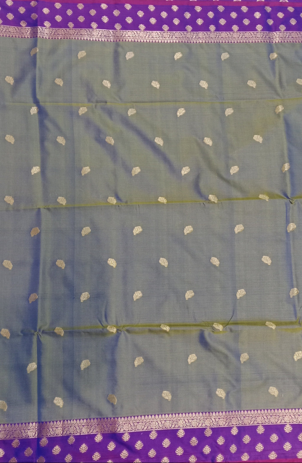 STEEL GREY BANARASI TISSUE SILK SAREE WITH ROYAL PURPLE BORDER