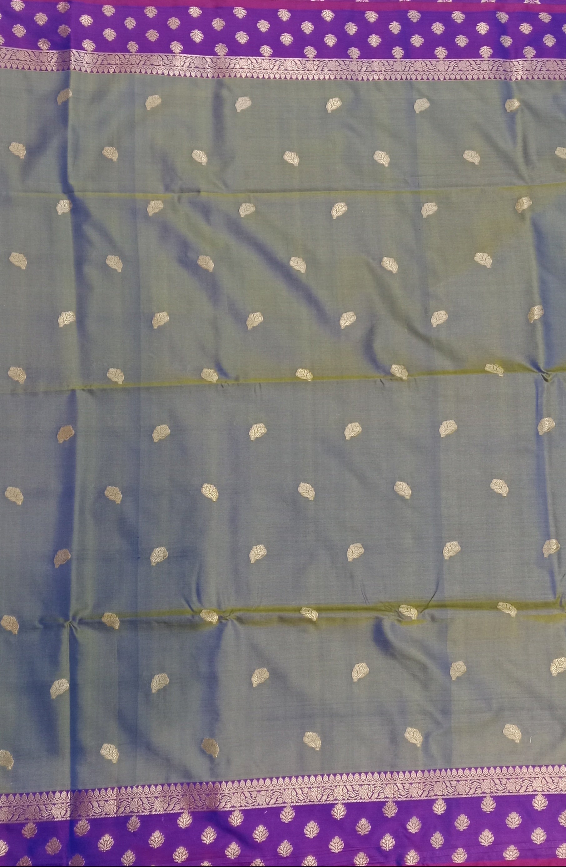STEEL GREY BANARASI TISSUE SILK SAREE WITH ROYAL PURPLE BORDER