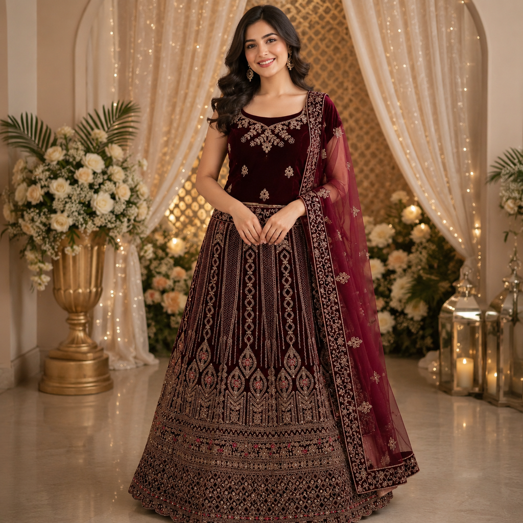 MAROON VELVET KAVYA LEHENGA