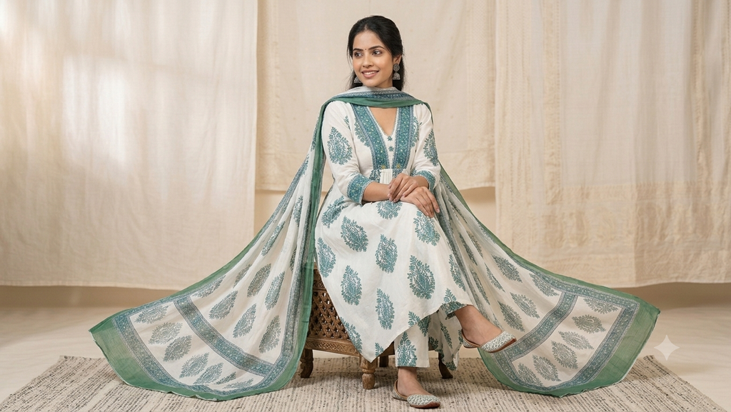WHITE AND TEAL GREEN KURTI SET