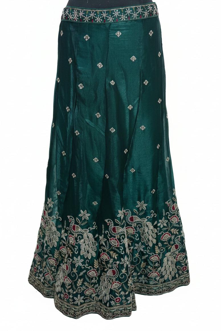 EMERALD GREEN LEHENGA WITH WHITE+ RED PEACOCK BORDER WORK