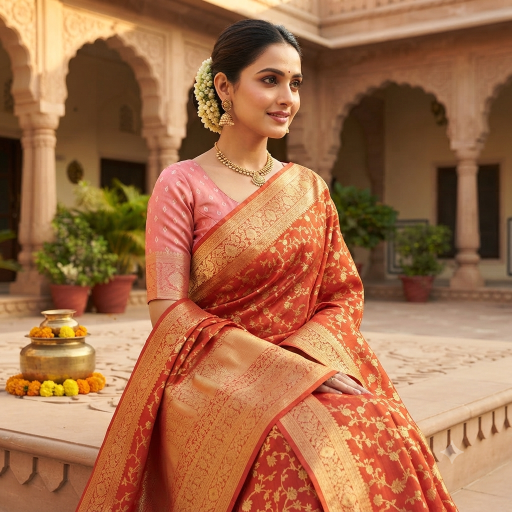 BURNT ORANGE BANARASI SILK SAREE
