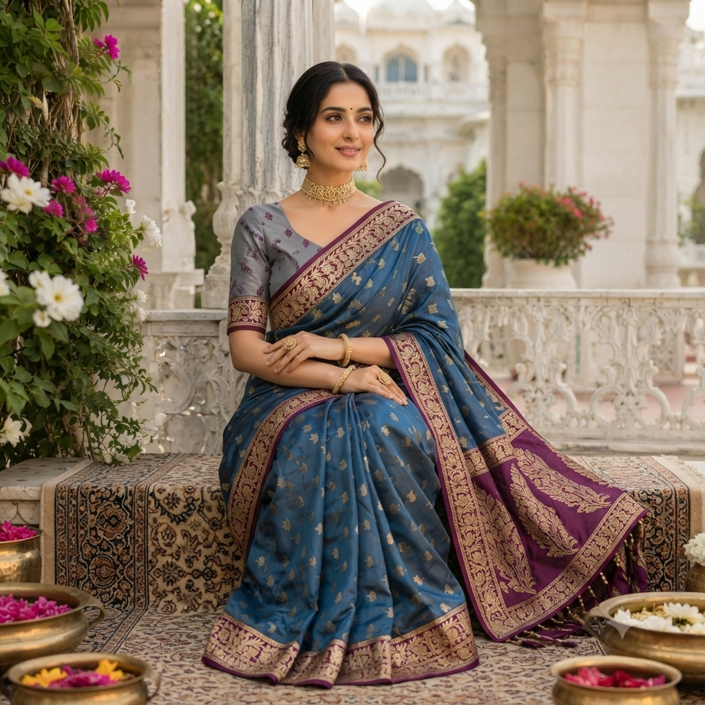 TEAL BLUE WINE BANARASI SILK SAREE