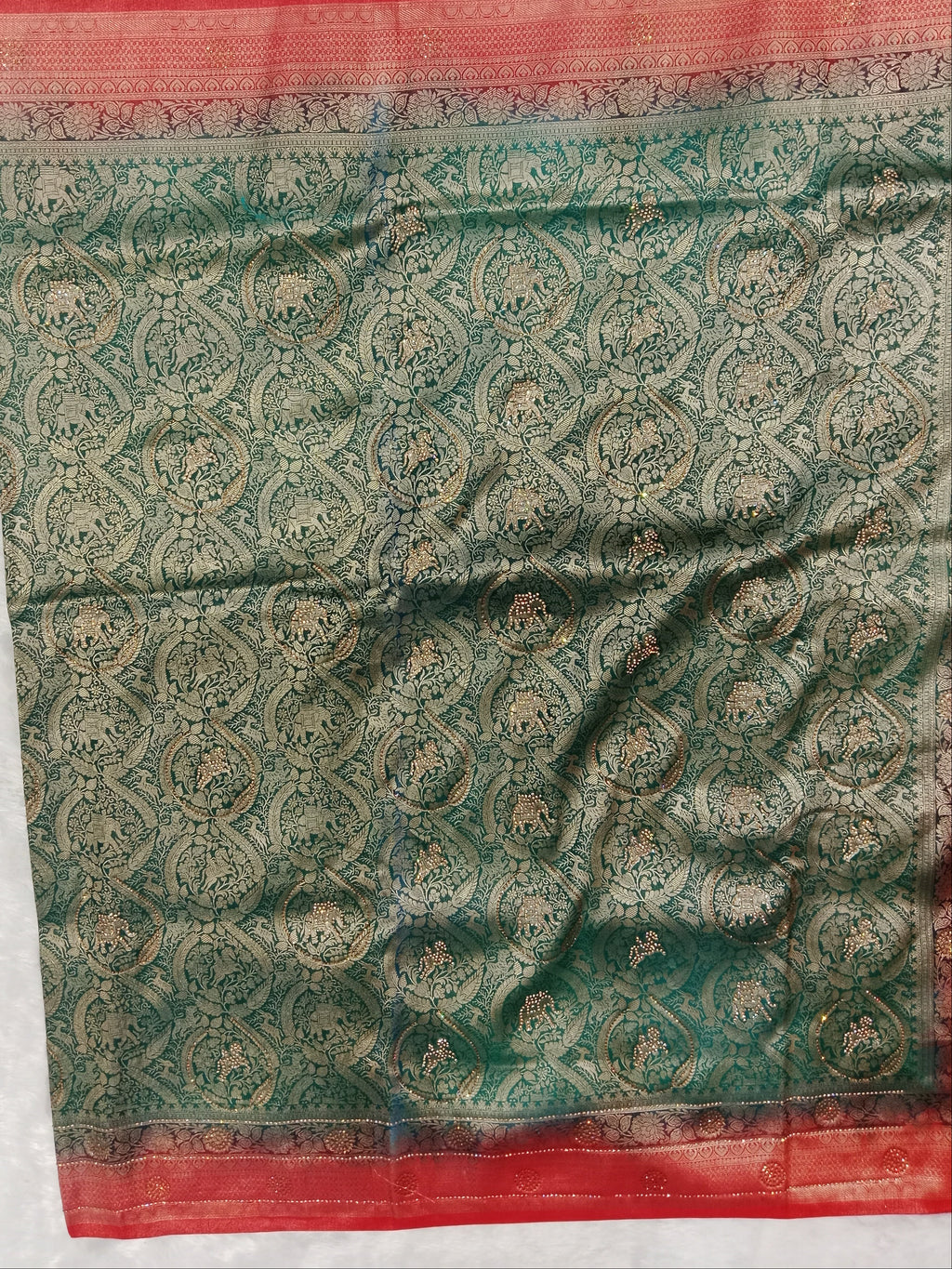 EMERALD GREEN RED BANARASI SILK SAREE
