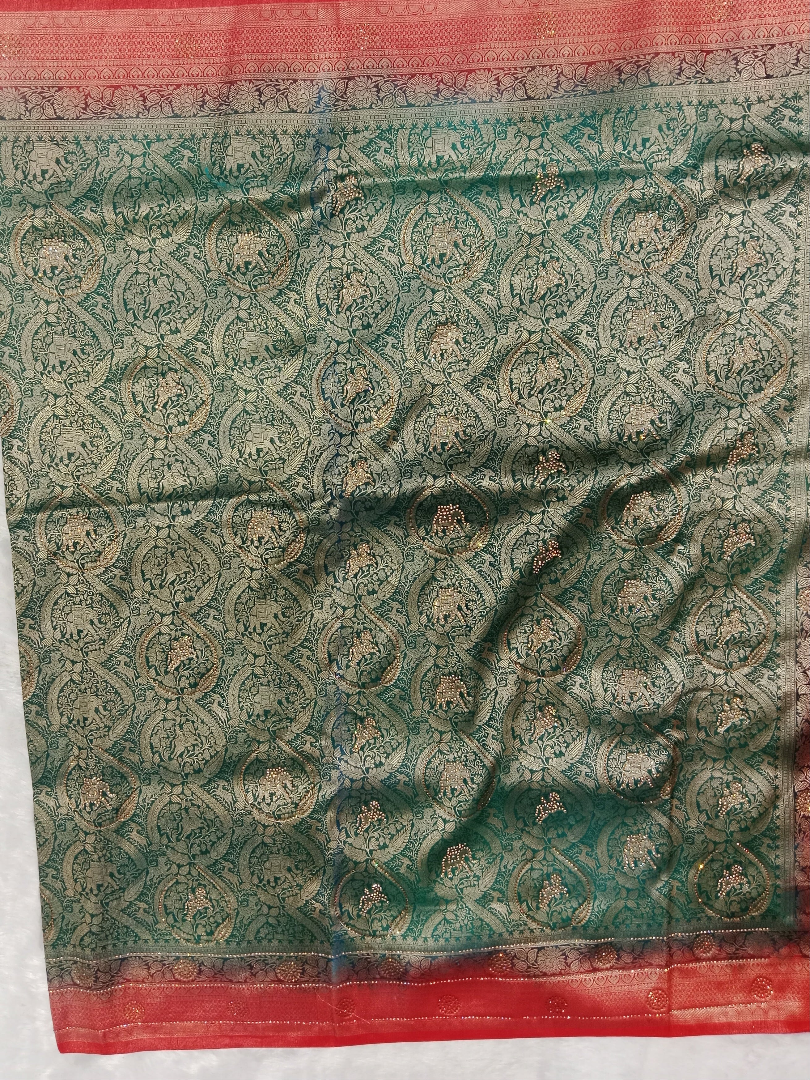 EMERALD GREEN RED BANARASI SILK SAREE