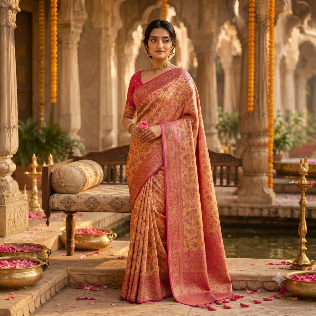 MUSTARD GOLD  PINK BANARASI SILK SAREE