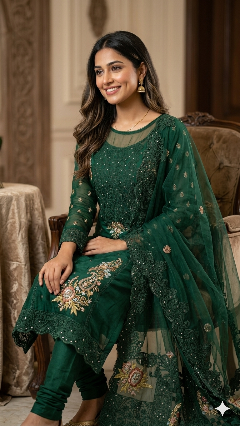 EMERALD GREEN EMBROIDERED DRESS MATERIAL