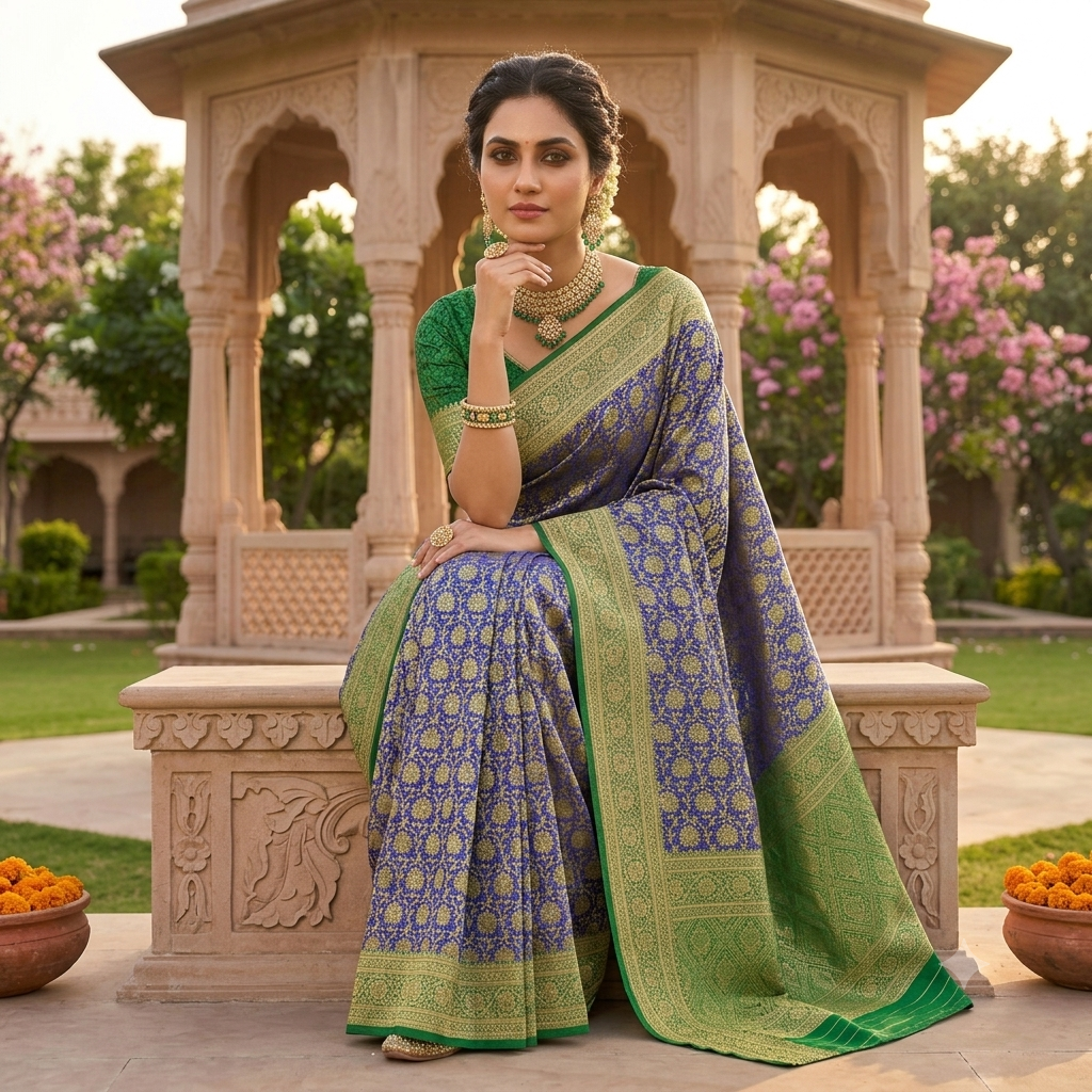 ROYAL BLUE BANARASI SILK SAREE WITH CONTRAST EMERALD GREEN
