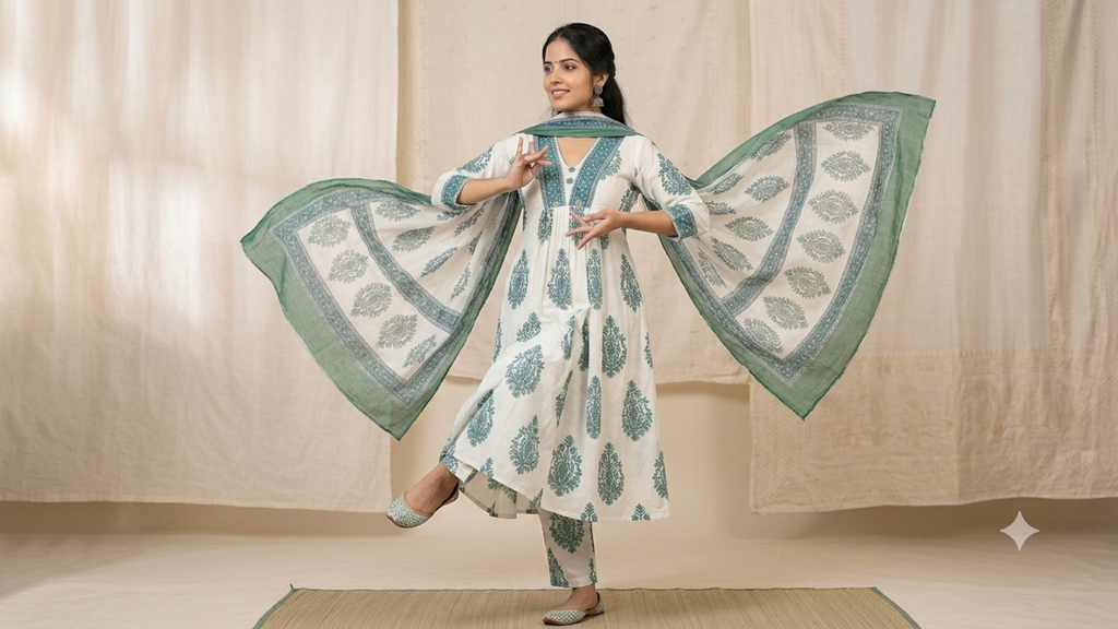 WHITE AND TEAL GREEN KURTI SET