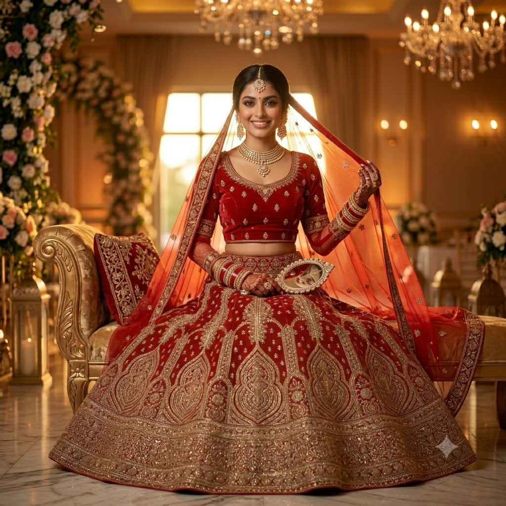 RED VELVET LEHENGA WITH INTRICATE GOLD ZARDOZI