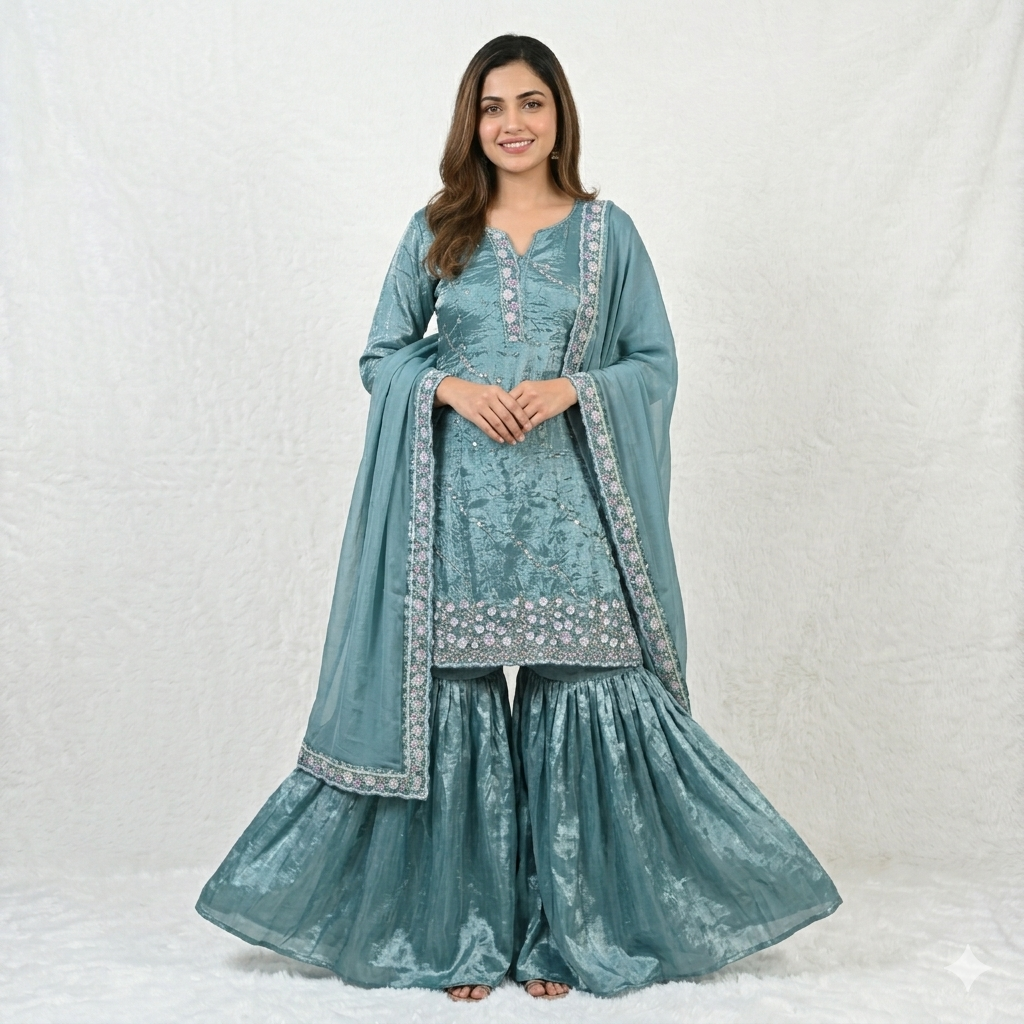 DUSTY BLUE EMBROIDERED SHARARA