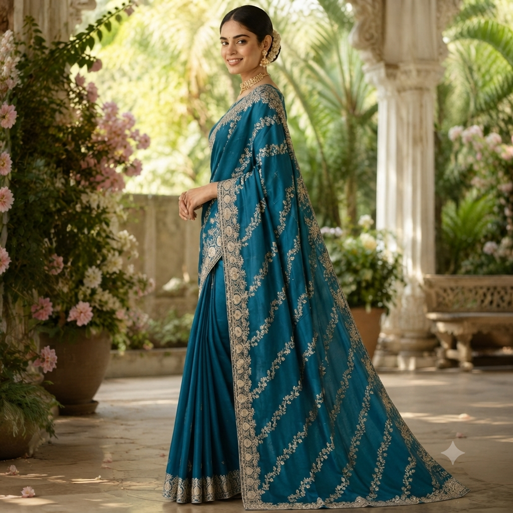 TEAL BLUE EMBROIDERED SAREE