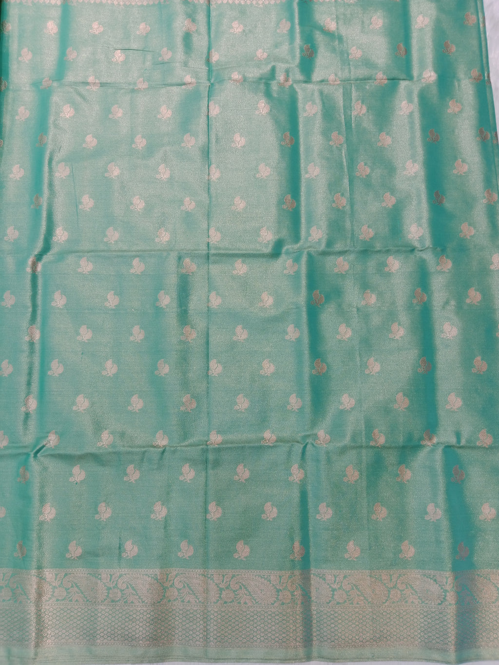 SEA GREEN BANARASI CHANDERI SILK SAREE WITH GOLD ZARI BORDER