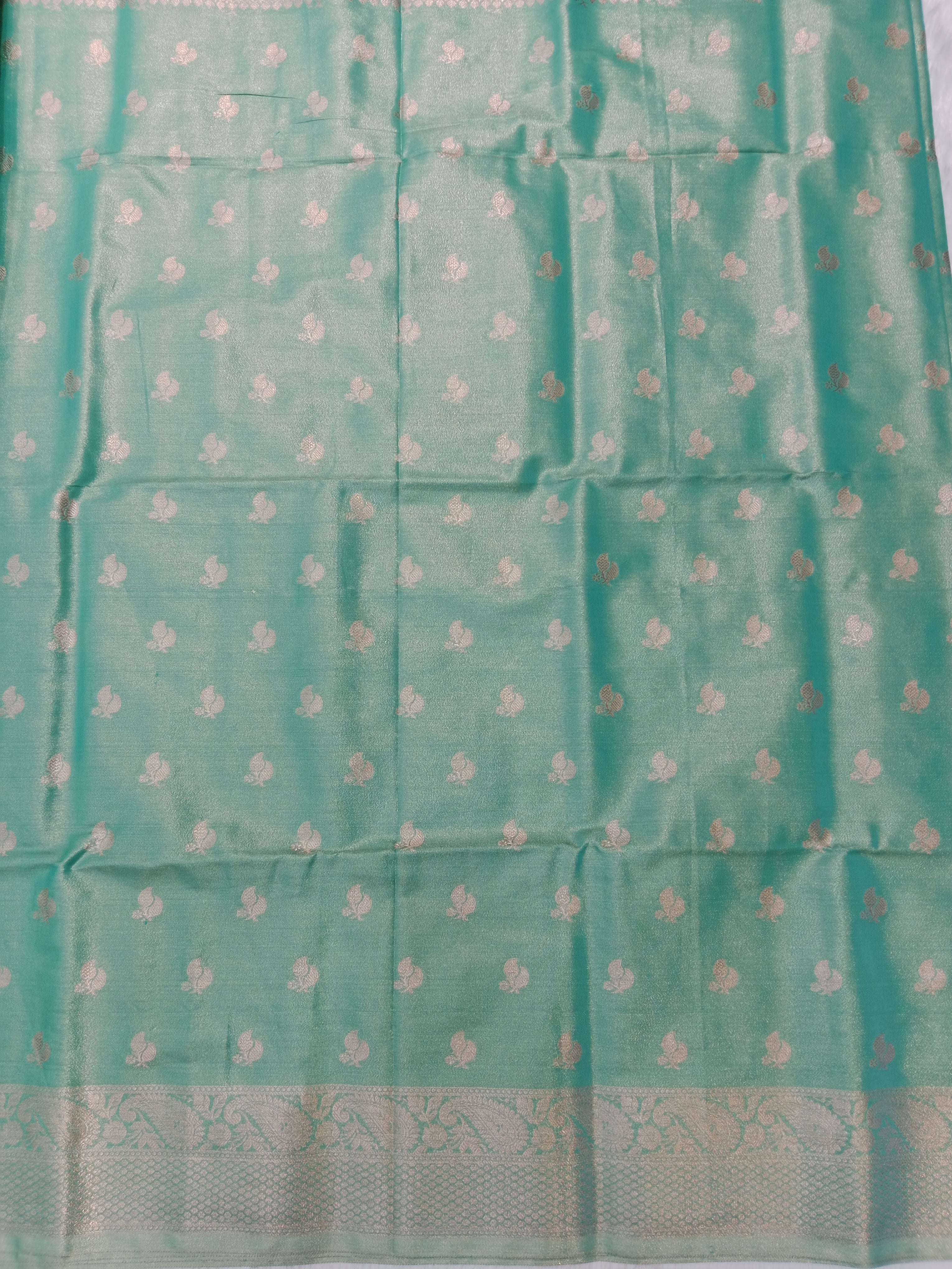 SEA GREEN BANARASI CHANDERI SILK SAREE WITH GOLD ZARI BORDER
