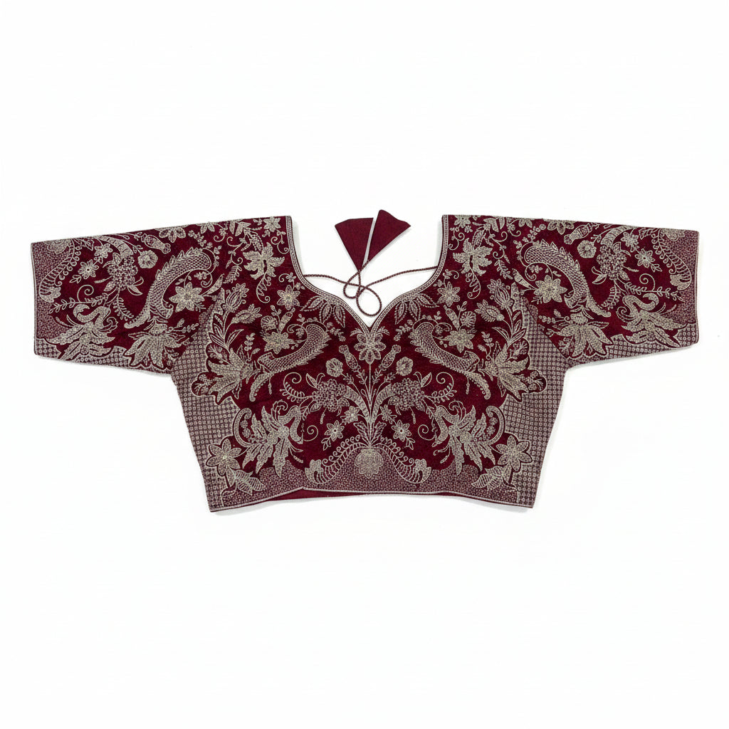 DEEP MAROON VELVET SAREE WITH HEAVY SILVER ZARDOZI BORDER